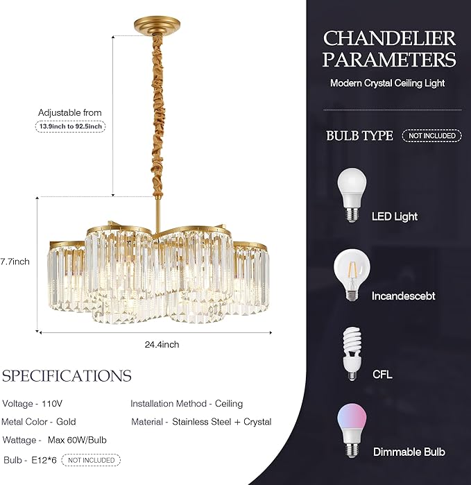 24.4“ Gold Semi Flush Mount Ceiling Light Fixtures, 6-Light Gold Modern Crystal Chandelier Height Adjustable Pendant Lighting for Bedroom Entryway Hallway Kitchen Island Living Room Foyer-CasaMuseHome