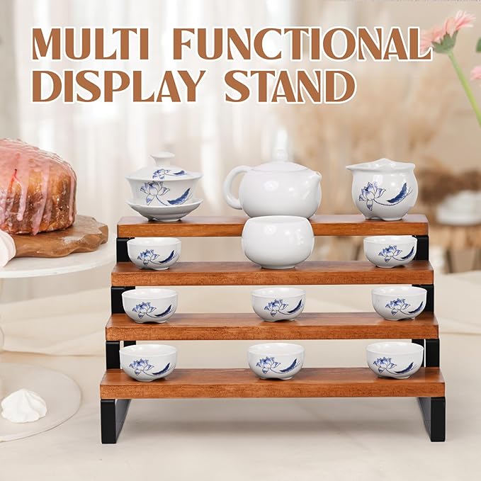 4 Tier Wooden Display Riser Stand Perfume Organizer with Metal Stand, Dessert Table Display Set, Food Display Stands for Party, Brown Rustic Solid Wood Shelf for Cupcakes, Perfume, Cologne, Spiece-CasaMuseHome