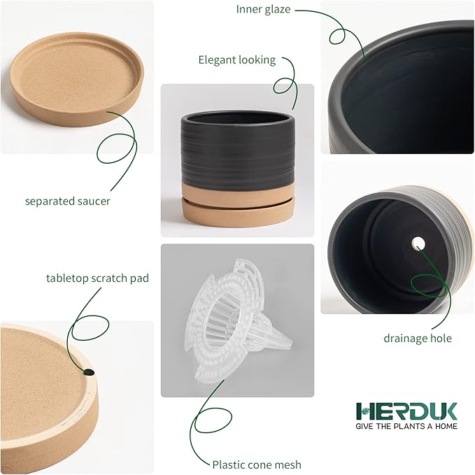 6 Inch Plant Pots, Ceramic Planter Pot with Drainage Hole & Saucer, Indoor/Outdoor Cylinder Round Planter Pot, Matte Black & Brown-CasaMuseHome