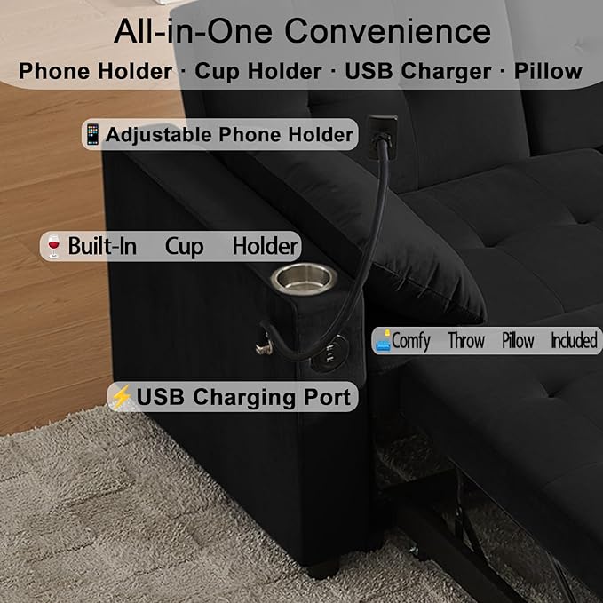 70" Queen Size Sofa Bed for Living Room – Pull-Out Sleeper Sofa Couch with Cup Holder, Phone Holder, USB Charging Port, Solid Wood Frame, Easy Assembly, Space-Saving Design for Small Apartments-CasaMuseHome