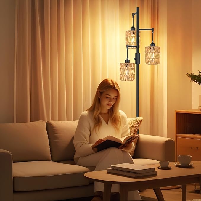 3-Light Boho Floor Lamp for Living Room, Rattan Wicker Standing Lamp Palm Tree Design, Farmhouse Coastal Floor Light with Woven Shade, Tall Bohemian Lamp-CasaMuseHome