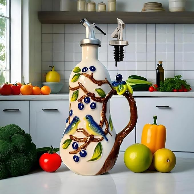 18 Oz Hand Painted Relief Ceramic Olive Oil Bottle Dispenser for Kitchen, Oil and Vinegar Bottle, Seasoning Bottle with Stainless Steel Nozzle, 540mL Oil Container with Handle for Cooking, Light Proof-CasaMuseHome