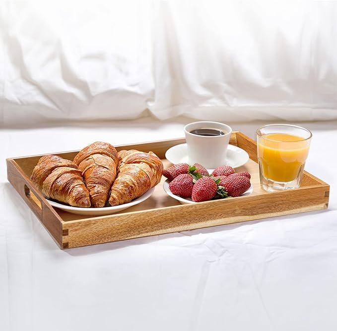 Acacia Wood Serving Tray with Handles (Set of 2)- 17-Inch Decorative Wooden Tray - Perfect for Breakfast, Lunch, Dinner, Ottoman, Coffee Table - Living Room and Couch Tray-CasaMuseHome