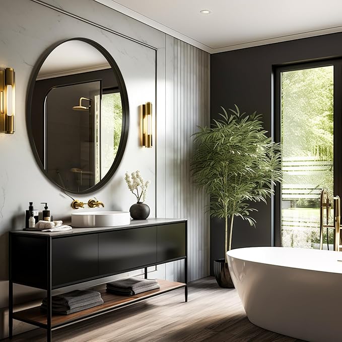 24 Inch Round Bathroom Mirror - Wall Mounted Circle Mirror with Metal Frame, Modern Mirror Suitable for Bathroom, Vanity, Entryway, Living Room, Wall Decor,Black-CasaMuseHome