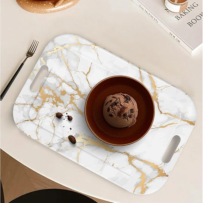 Serving Trays with Handles, 14.5 x 9.8 inch Rectangular Plastic Tray for Restaurant, Kitchen, Golden White Marble-CasaMuseHome