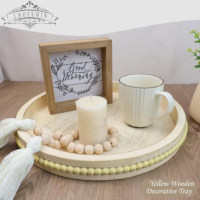 Round Wood Serving Tray with Beads, Yellow Washed Wooden Decorative Tray for Entertaining, Decoration, and Gifting-CasaMuseHome