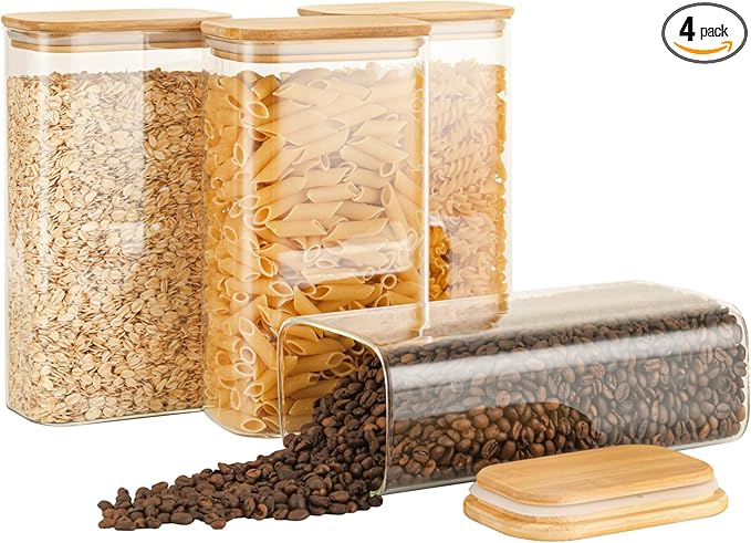 56oz Rectangle Airtight Glass Storage Containers with Bamboo Lids (Set of 4), Square Food Storage Jar, Pantry Organizers for Oats, Cereal, Pasta and Coffee beans (‎with Black Lable)-CasaMuseHome