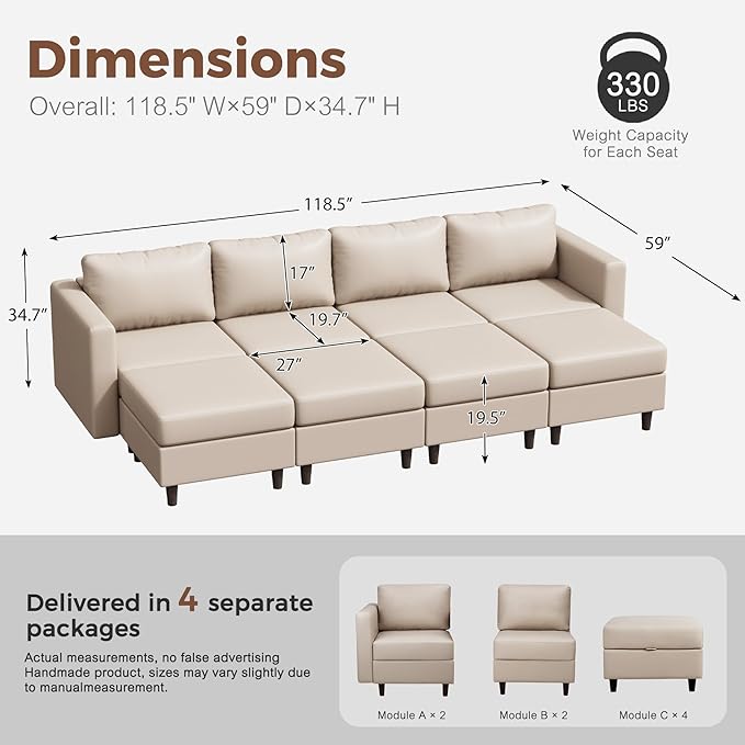 118.5" Luxury Modular Sleeper Sofa Bed with Storage Seat, 8 Seat Sectional Couch Deep Seat with Reversible Chaises & Removable Cover - Whitesand Faux Leather-CasaMuseHome