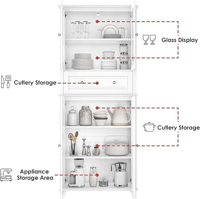 76'' Kitchen Pantry Storage Cabinet, Freestanding Kitchen Cupboard with Large Drawer, Doors, and Adjustable Shelves, Bathroom Storage Cabinet for Dining Room, Living Room, Laundry, White-CasaMuseHome