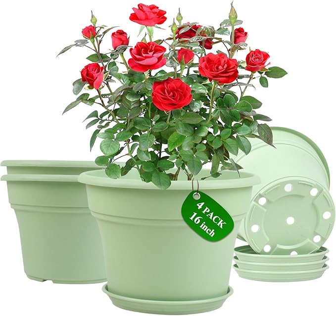 16 inch Plastic-Flower-Pot-for-Indoor-Plants, 4 Pack Large Outdoor Planter Pot with Drainage Holes & Saucers, Resin Decorative Garden Pots Planters-CasaMuseHome
