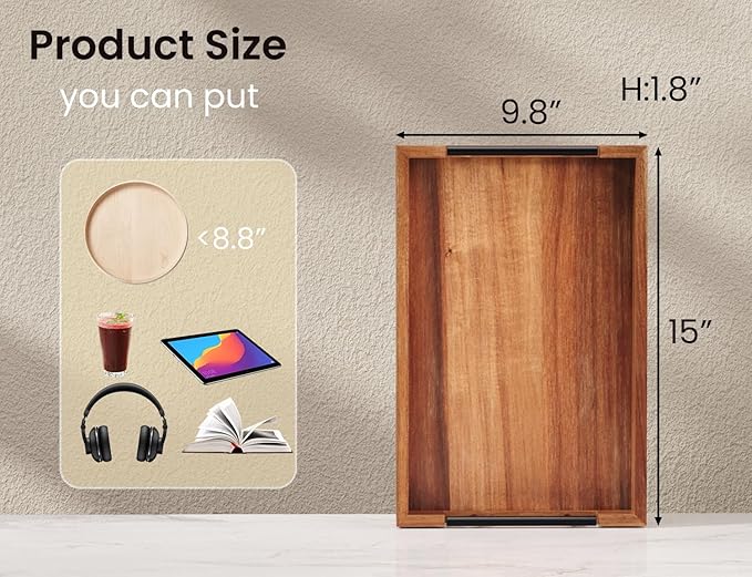 Acacia Wood Serving Tray with Metal Handles,15x10in Ottoman Decorative Trays Platter for Coffee Table,Living Room,Bar,Party(Medium)-CasaMuseHome