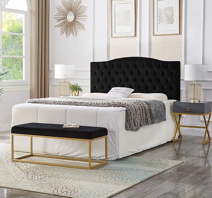 24KF Upholstered Tufted Button Velvet Headboard,Comfortable Fashional Headboard Queen/Full Size,Black-CasaMuseHome