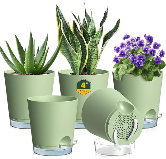 4 inch Self Watering Pots for Indoor Plants, 5 Pack Small Flower Plant Pots with Drainage Holes and Clear Reservoirs, Visible Water Level, Plastic Planters with Wicking Rope, Green-CasaMuseHome