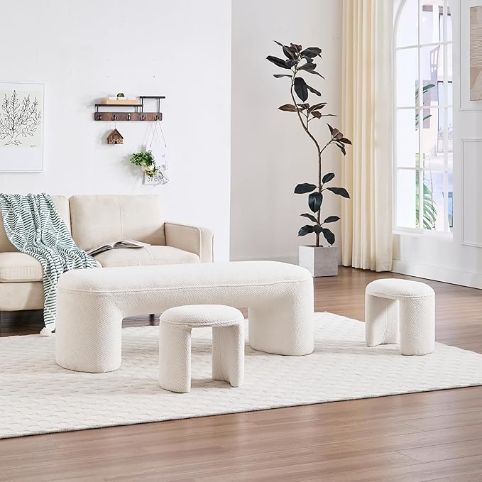 3-Piece 53" Comfy Upholstered Dining Bench with 2 Ottomans, Accent Waterfall Bench Modern End of Bed Entryway Bench Vanity Stool, White Chenille-CasaMuseHome