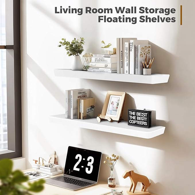 36"x6.8"x1.6" Slanted Floating Wall Shelves 2-Pack - Rustic White Finish, Heavy-Duty Solid Wood Design with Hidden Brackets - Perfect for Living Room, Kitchen, Bathroom, or Office-CasaMuseHome