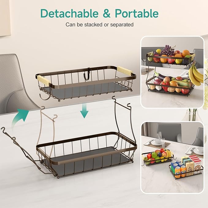 3 Tier Fruit Basket for Kitchen Counter with 2 Mobile Banana Hangers, 2025 Pro Detachable Metal Fruit Bowl with Wooden Handle, Fruit Holder for Bread Snack Veggies, Brown-CasaMuseHome