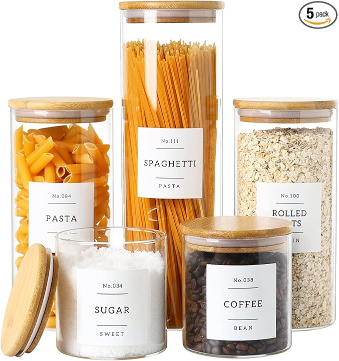 5 Pack Glass Jars with Bamboo Airtight Lids - Stackable Food Storage Containers with 132 Pantry Labels - with Wood Lid for Candy, Cookie, Rice, Sugar, Flour, Pasta, Nuts-CasaMuseHome