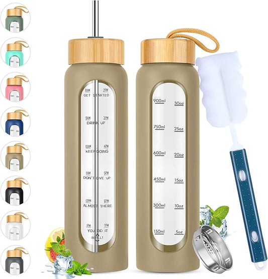 32 oz Glass Water Bottle with Straw - Motivational Time Marker & Silicone Sleeve - Reusable Tumbler Includes 2 Bamboo Lids & Fruit Infuser - 1 Pack-CasaMuseHome