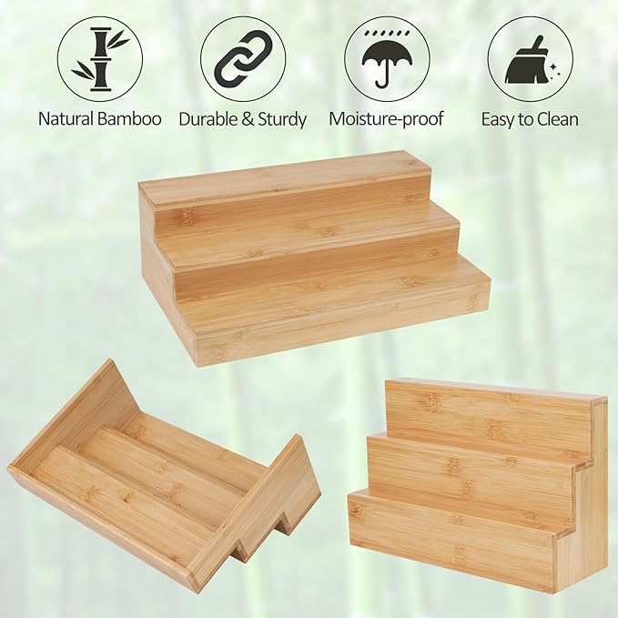 2 Pack Bamboo Spice Rack Organizer for Countertop, 3 Tier Spice Step Shelf for Cabinet (Jars Not Included)-CasaMuseHome