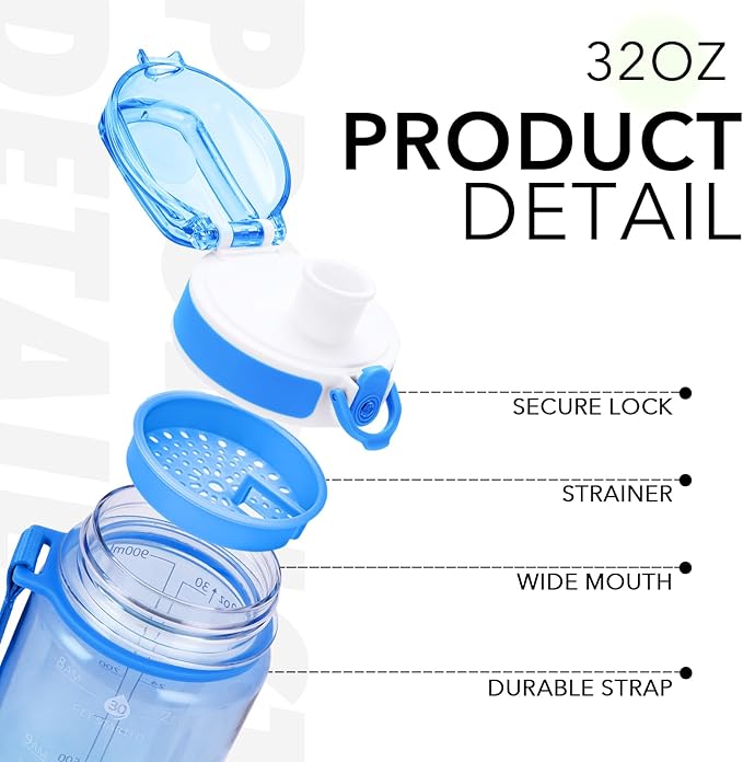 32oz Motivational Water Bottles with Time Marker & Fruit Strainer, Transparent Gradient Color Water Bottle with Times to Drink, Leakproof & BPA Free, Reusable Bottle with Strap (No Straw)-CasaMuseHome