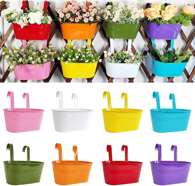 8 Pack Hanging Planters 10", Colorful Metal Bacony Railing Planter for Outdoor Decor, Countryside Fence Pot Flower Bucket for Rails Patio Garden, Plant Pot for Herb (Multi-Color, 8Pcs)-CasaMuseHome