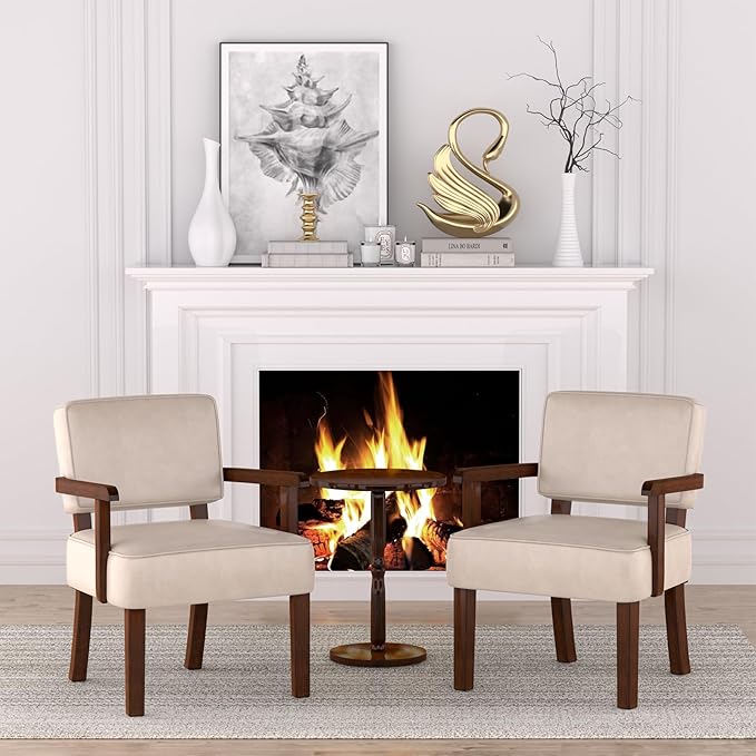 Accent Chair Set of 2 with Table, PU Leather Chair for Living Room Oversized Armchair with Soft Seat and Armrests for Bedroom Dinning Reading Waiting Room (Leather Beige)-CasaMuseHome