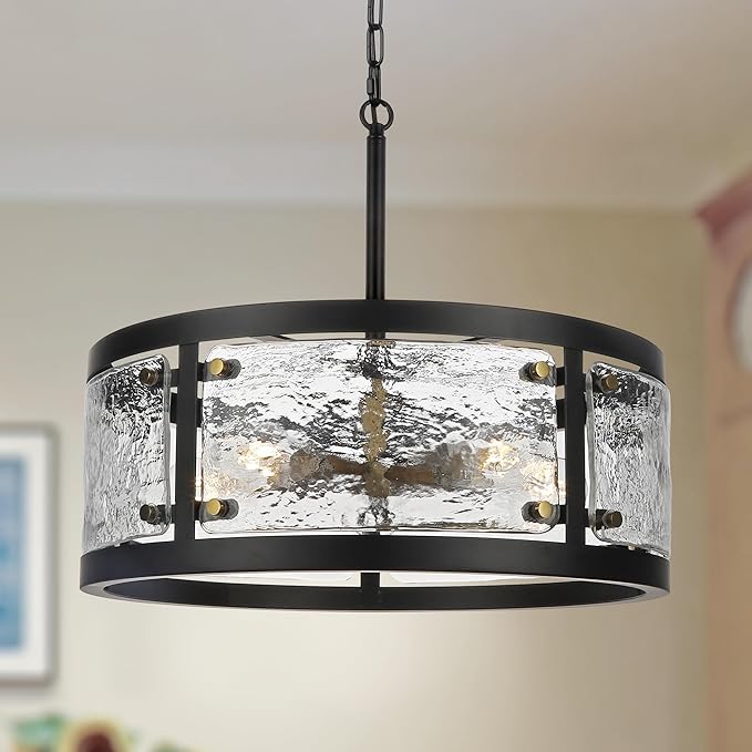 20" Farmhouse Round Black Chandelier, 5-Light Rustic Dining Room Light Fixtures Over Table, Industrial Glass Chandeliers for Dining Kitchen Living Room, Clear Waterglass Drum Shade-CasaMuseHome