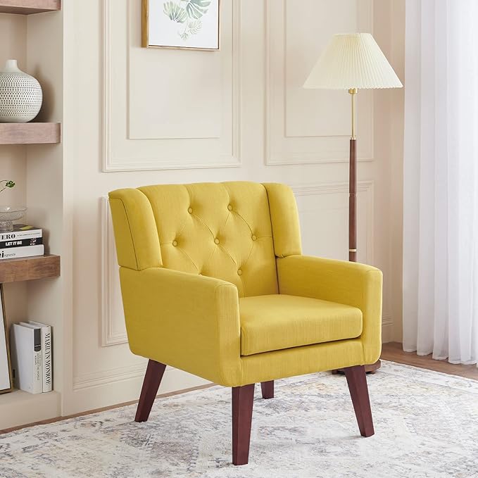 Accent Chair Button-Tufted Upholstered Living Room Chairs Comfy Reading Chair Mid Century Modern Chair with Linen Fabric Lounge Arm Chairs for Living Room Bedroom (Yellow)-CasaMuseHome