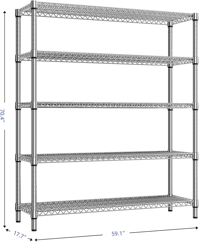 2200 Lbs 5 Tier Storage Rack Metal Wire Shelving Unit, Storage Standing Shelf Organizer for Laundry Bathroom Kitchen Pantry Closet Garage, Chrome 17.7" D x 59.1" W x 70.4" H-CasaMuseHome