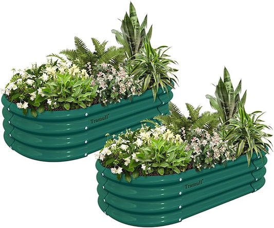 2 Pack 4x2x1FT Galvanized Raised Garden Bed Kit Oval Metal Ground Planter Box Outdoor Bottomless Planter Raised Beds for Vegetables Flowers Herbs Fruits, Green-CasaMuseHome