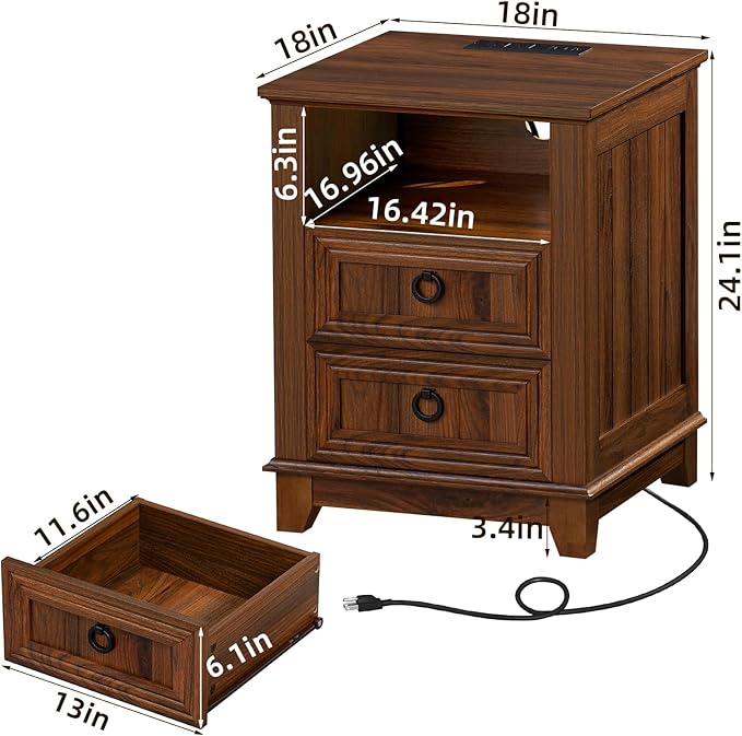 18" Farmhouse Night Stand with Charging Station, 2 Drawers End Table Dresser for Bedroom, Brown Wooden Nightstand, Bed Side Table with Open Shelf, Bedside Cabinet for Living Room, Closet-CasaMuseHome