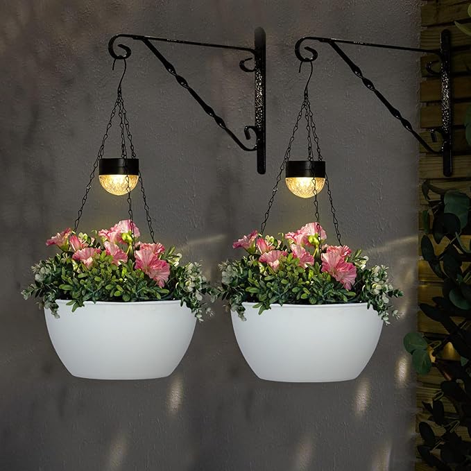 2 Packs Solar Hanging Basket Planters for Plants Outdoor, Self Watering White Flower Plants Pots with Solar Light Drainer for Balcony Patio Garden Outdoor Decoration-CasaMuseHome