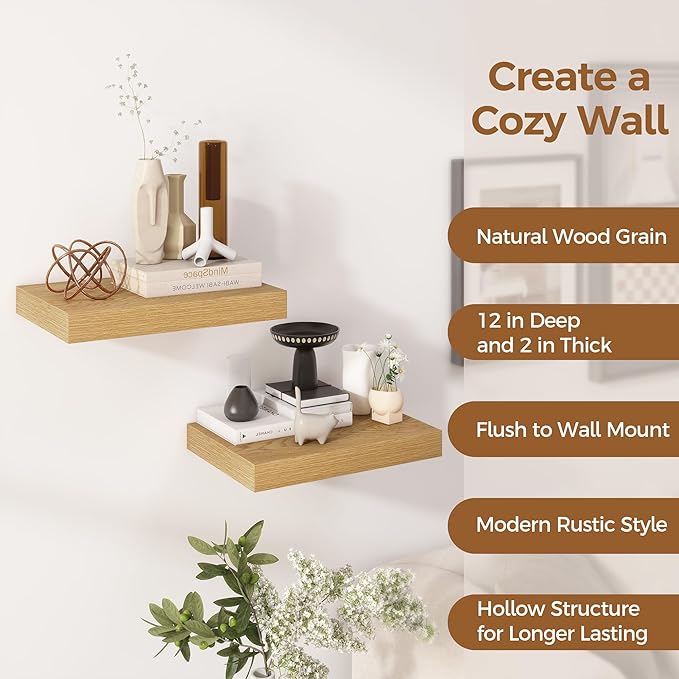 12 Inch Deep Floating Shelves, 16 x 12 Floating Shelf for Books, Rustic Wood Deep Wall Shelves for Home Storage & Display, 2" Thicked Shelves for Kitchen, Living Room, Bedroom, Oak Color, 2 Pack-CasaMuseHome