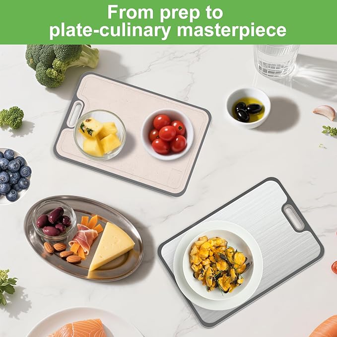 2IN1 Titanium Cutting Boards for Kitchen,Metal Cutting Boards With Pure Titanium and Wheat Straw PP,Double Sided Chopping Board with Juice Groove Dishwasher Safe Easy to Clean Non Toxic 15"X10"-CasaMuseHome