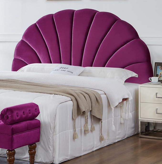 24KF Stunning Crown Design King Headboard, Upholstered Soft Velvet Petal Pattern Headboard King/CA King-Violet-CasaMuseHome