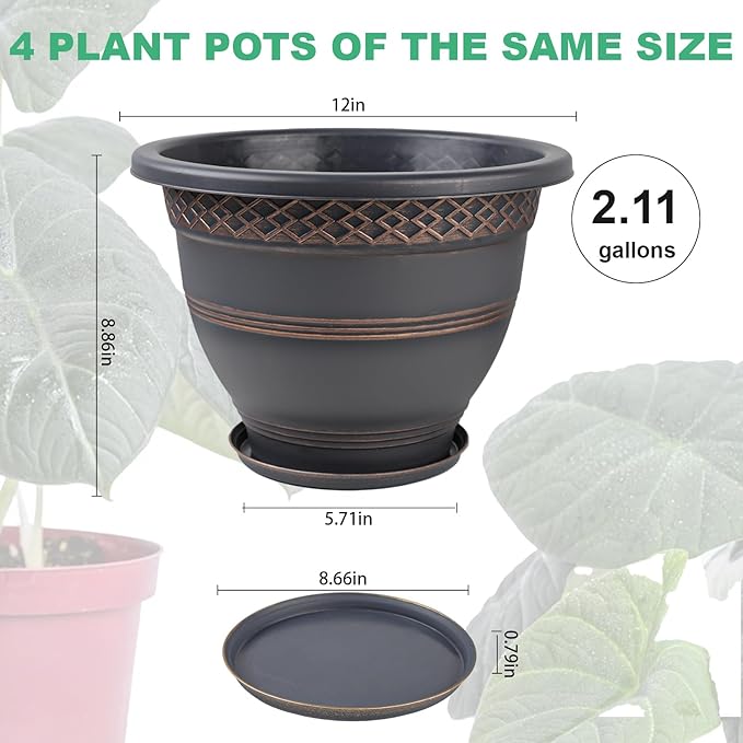 4 Pack 12 Inch Large Plant Pots, Plastic Flower Pot for Indoor & Outdoor with Drainage Holes & Saucer, Plaid Pattern Planters Garden Pots for Herbs Bronze-CasaMuseHome