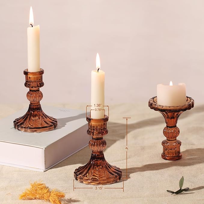 12PCS Amber Candlestick Holders Set- 4" H Taper Candle Holders, Glass Candle Holders Bulk for Wedding, Party, Fall Home Table Centerpieces, Festival Gifts & Windowsill Decor-CasaMuseHome