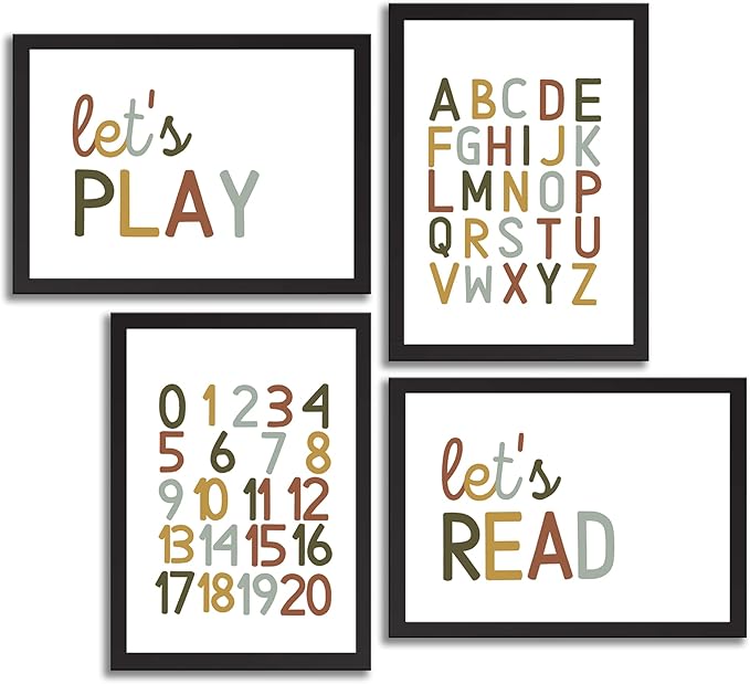 4 Pcs Boho Playroom Canvas Wall Art Nursery Toddler Educational Let's Read Let's Play Painting Pictures Wall Decor Posters Print Artwork for Girl Boy Childs Room Classroom Home Decoration Unframed-CasaMuseHome