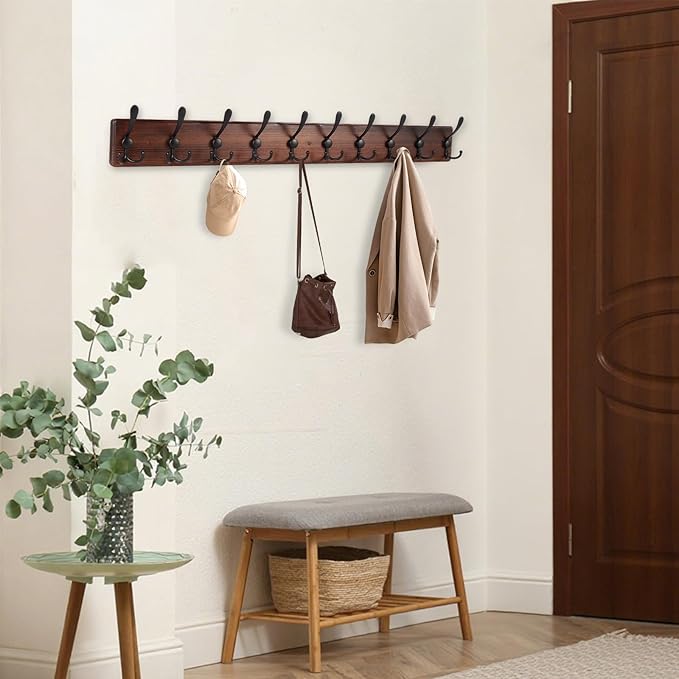 38.6'' Large Coat Rack Wall Mount Coat Hooks Coat Hanger with 10 Metal Black Triple- Hooks Brown Pine Real Wood Plank Hat Rack for Wall Hooks for Hanging Coat Hat Jacket-CasaMuseHome