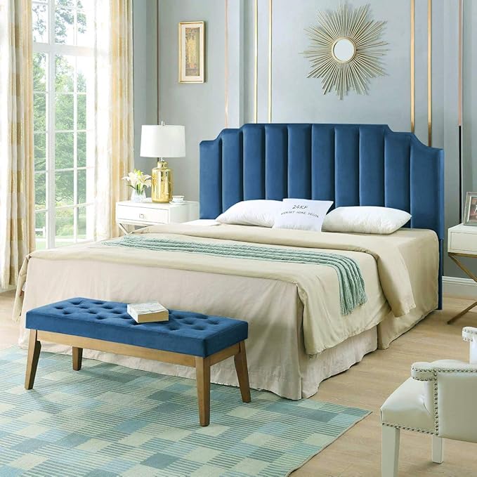 24KF Navy Blue Velvet Tufted King Upholstered Headboard, Modern Vertical Channel Design California King Headboard with Stepped Silhouette Top Edge, Navy Blue-CasaMuseHome