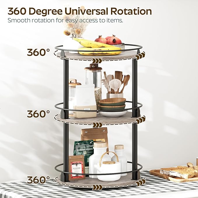 3-Tier Lazy Susan Organizer, Rotating Spice Rack, Spinning Organizer, Industrial Turntable Spice Rack Organizer for Cabinet, Kitchen Countertop, Greige and Black SR23BG-CasaMuseHome