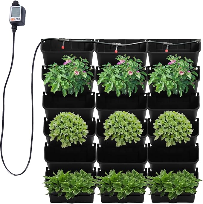 18 Pots Self-Watering Vertical Wall Planter, 39.4”L x 39.4”H Stackable Plastic Wall-Mounted Plant Grow Pots, Wall Hang Garden Planter Outdoor Indoor for Herbs Flowers Strawberries (Black)-CasaMuseHome