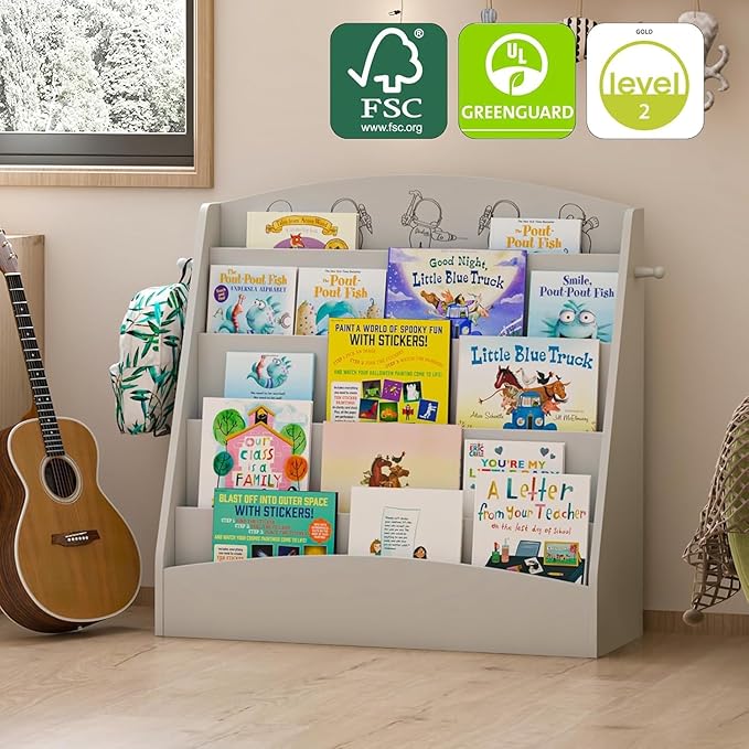 5-Tier Kids Bookshelf Montessori Toddler Book Rack Baby Bookcase Floor Front Facing Magazine Display Shelf for Bedroom Playroom Nursery Classroom Kindergarten Wood (Gray)-CasaMuseHome