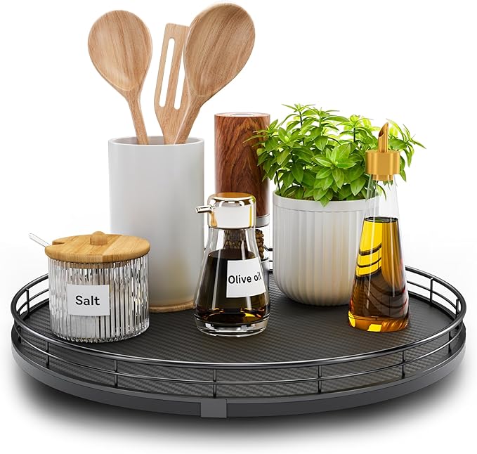 13" Lazy Susan Turntable Organizer for Table Top, Round Wooden Lazy Susan for Cabinet Kitchen Decor Centerpieces Coffee Table, Storage Condiments Spices, Bathroom Vanity Tray for Soap, Black-CasaMuseHome