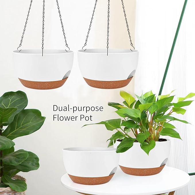 2 Pack Hanging Planters for Indoor Outdoor Plants, 12 Inch Self Watering Hanging Pot with Drainage Holes and Saucer, Plastic Plant Pots, White Brown Flower Pots for Kitchen, Balcony, Garden-CasaMuseHome