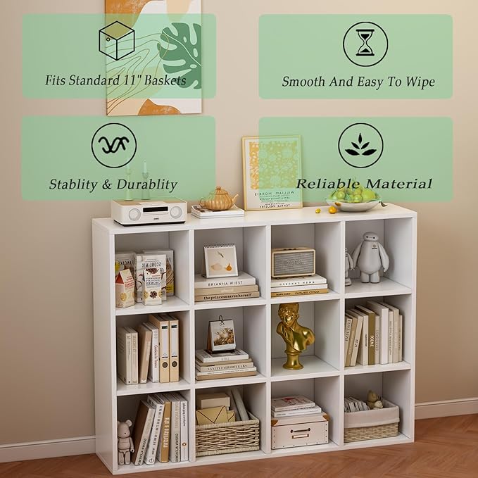 12-Cube Storage Shelf Bookcase - Wooden 3-Tier Floor Standing Open Bookshelf for Home and Office, Display Cabinet, Warm White-CasaMuseHome