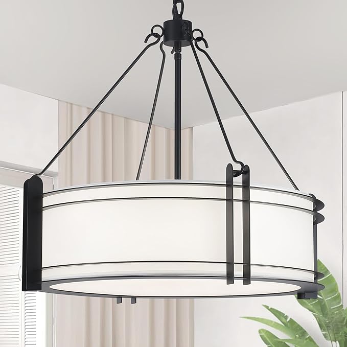 20.4''Drum Chandelier,5-Light Fabric Modern Chandeliers,Black Farmhouse Round Pendant Light Fixture for Dining Room Kitchen Island Living Room Bedroom Hallway-CasaMuseHome
