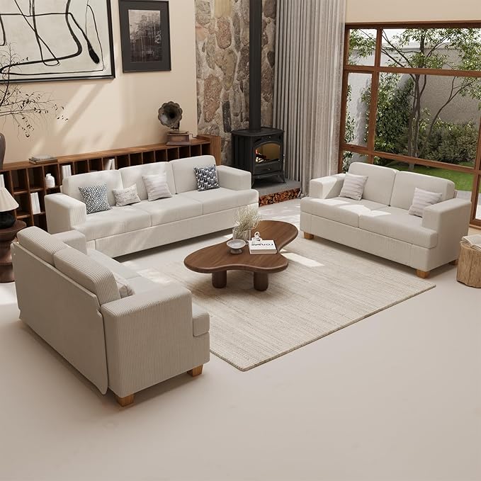 2 Pieces Corduroy Couch Set for Living Room, 5 Seats Cloud Sofa, Deep Seat Floor Couch for Bedroom, Futon Modern Sofa Bed, White Corduroy-CasaMuseHome