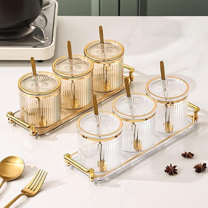 Acrylic Condiment Spice Jars,Condiment Spice Box With Lids and Spoons and Tray,Clear Plastic Condiment Canisters,Seasoning Box 6 Pack,Seasoning Box Set for Kitchen to Storage Salt,Paprika,Sugar-CasaMuseHome