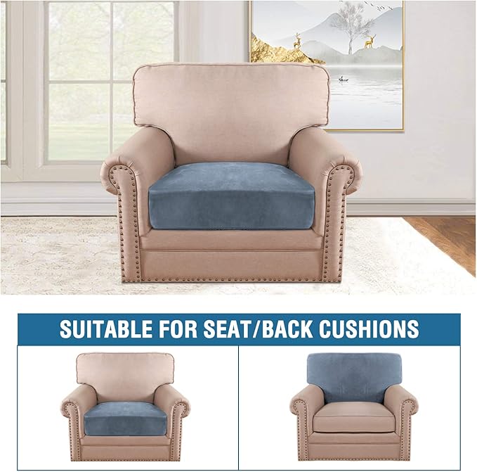 H.VERSAILTEX Velvet Stretch Couch Cushion Cover Plush Cushion Slipcover for Chair Cushion Furniture Protector Seat Cushion Sofa Cover (1 Piece Armchair Cushion Covers, Stone Blue)-CasaMuseHome